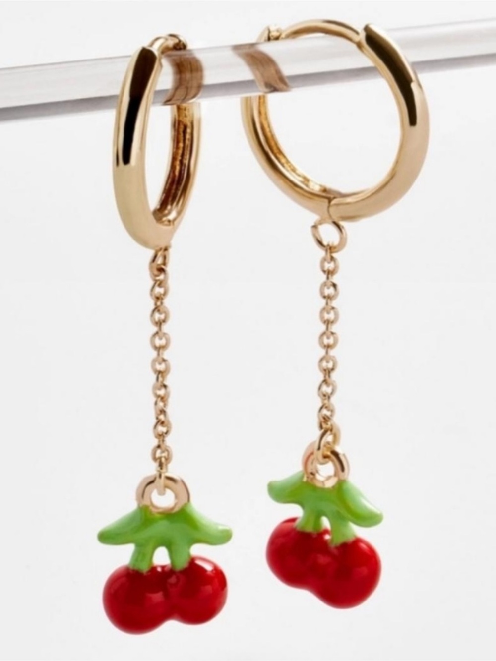 BaubleBar Gold Hoop Earrings with Red Cherry Enamel Dangles coquette whimsical